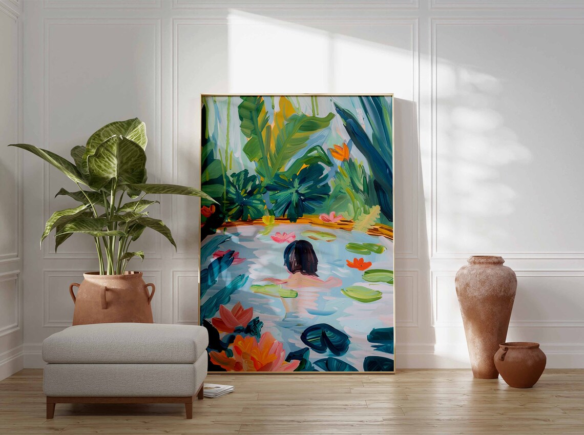 Woman Swimming Through Water Lilies in Jungle Pool Art Poster - Image 2