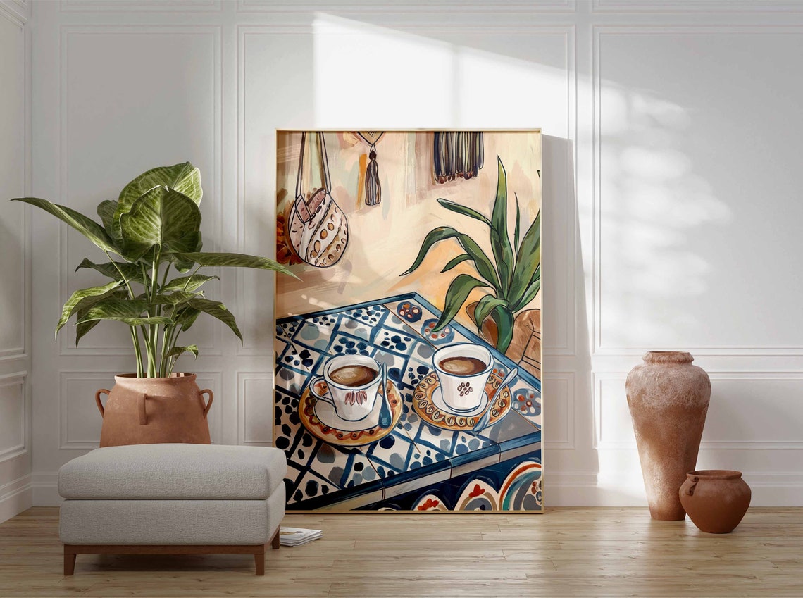 Sunny White Coffee Cups on Blue Tile Table Macrame Art Poster - Image 3