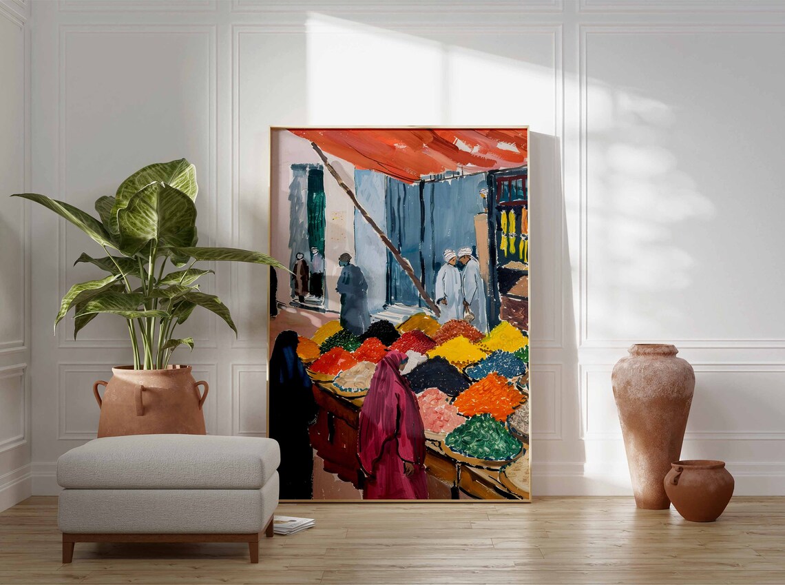Vibrant Colorful Spice Market Stalls and Shoppers Bazaar Poster - Image 3