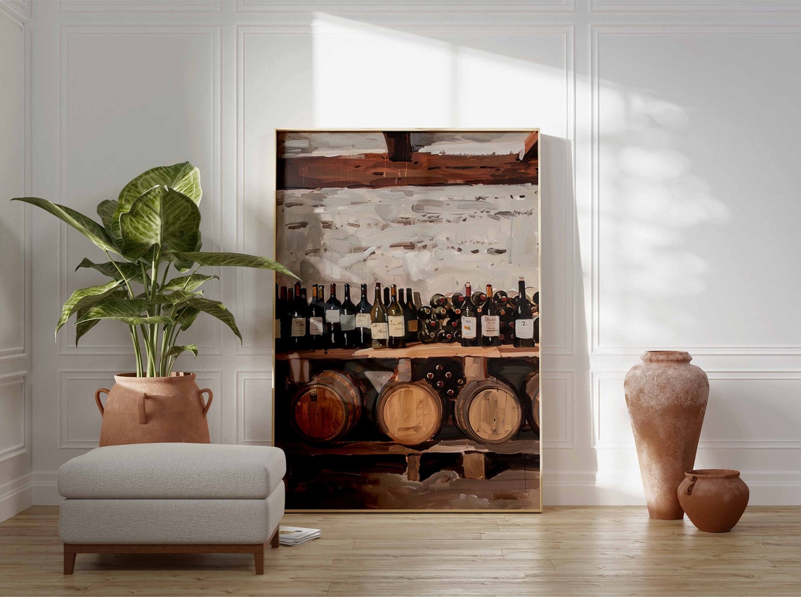 Rustic Wine Shelf Art Poster Bottles Barrels Old Cellar Wall Decor - Image 3