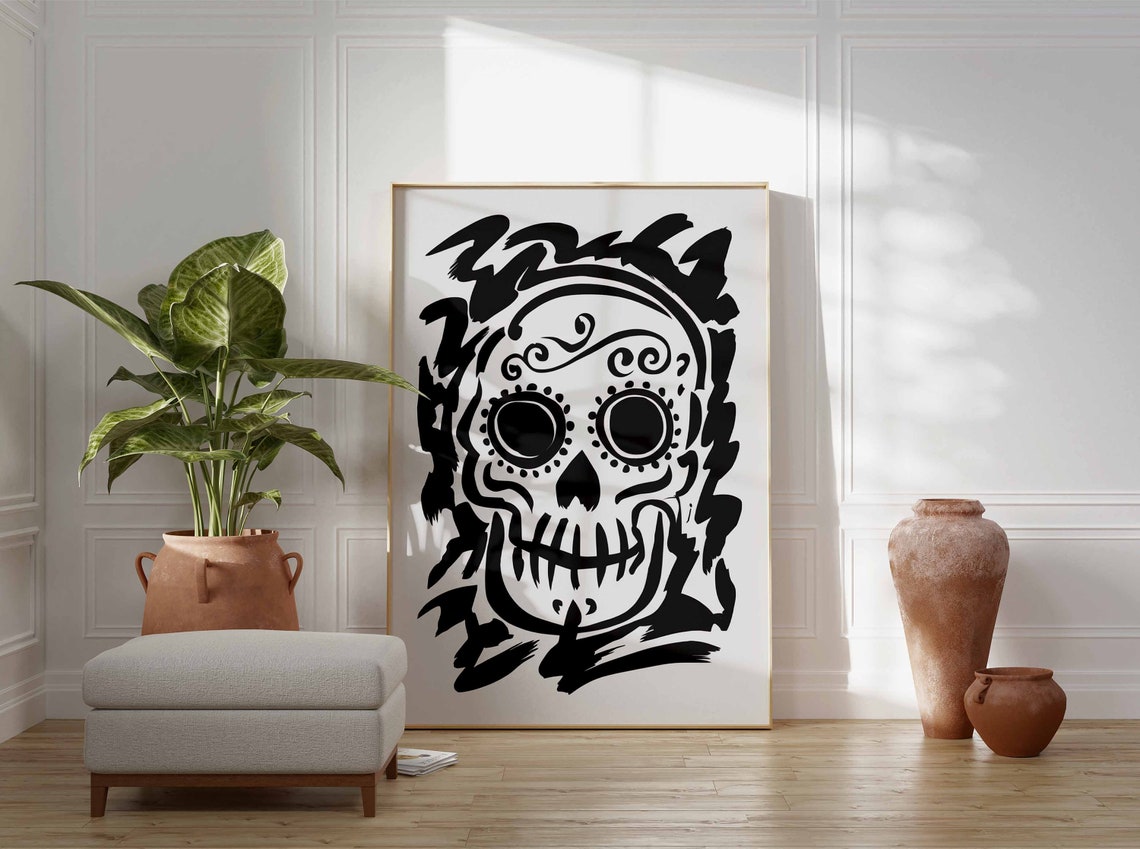 Sugar Skull With Vine Swirls Black Brushstroke Gothic Art Poster - Image 2