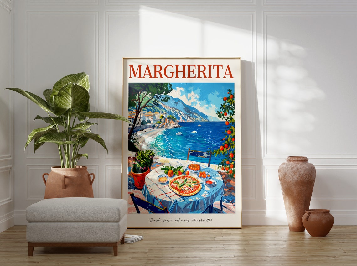 Margherita Pizza Vintage Italian Coast Terrace Illustration Poster - Image 3