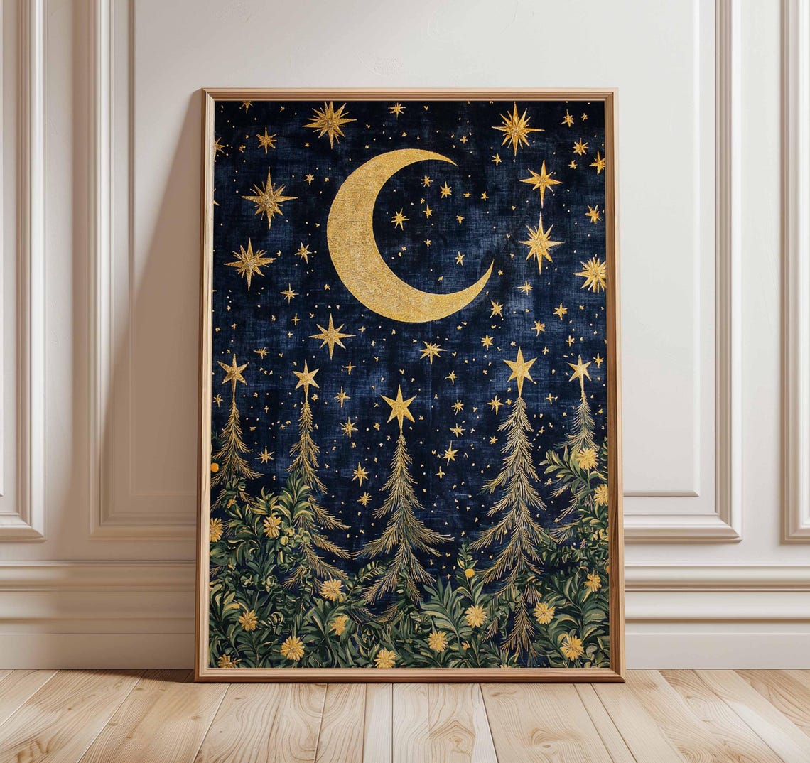 Gold Crescent Moon and Stars Over Pines Christmas Night Poster