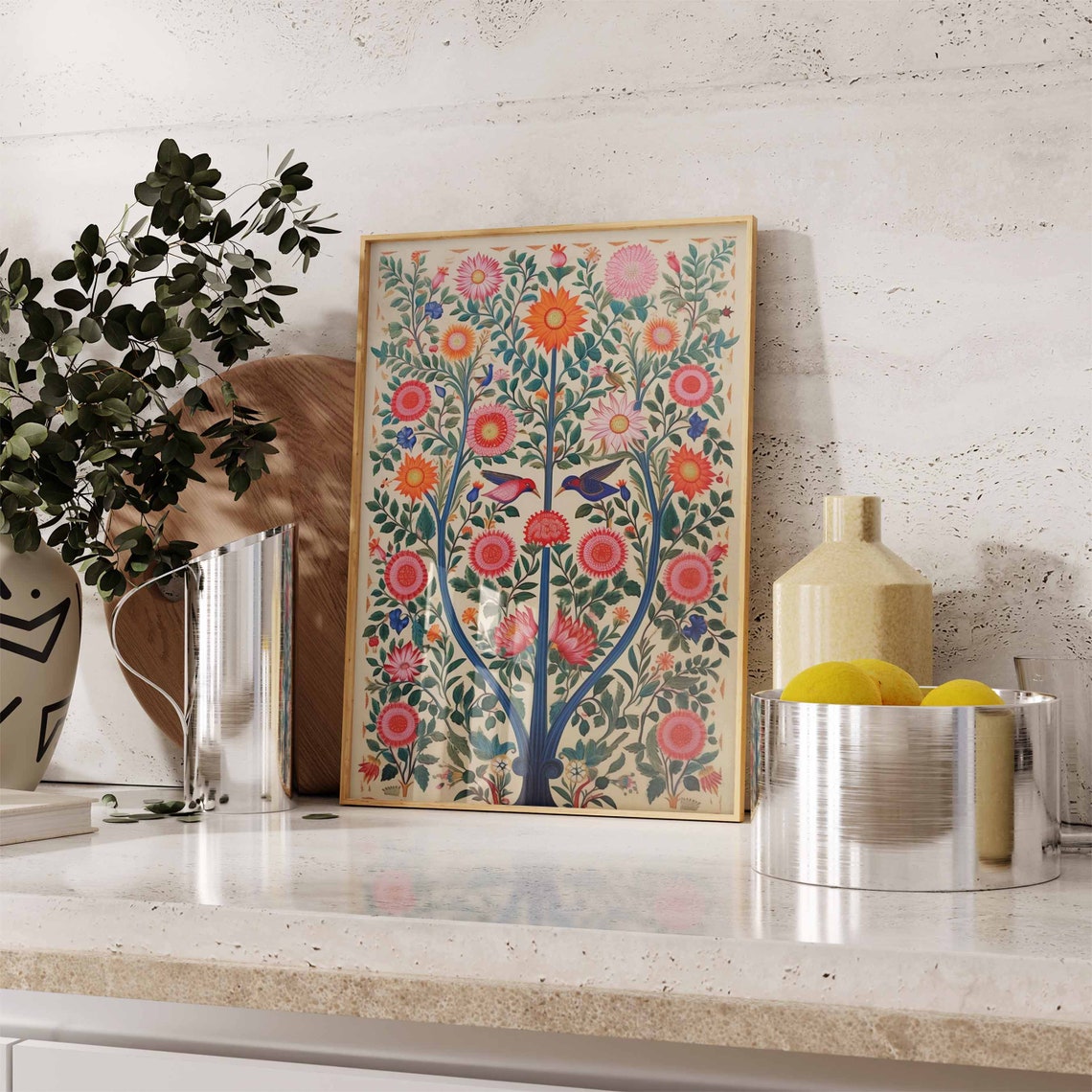 Indian Folk Floral Tree With Birds Vibrant Botanical Art Poster - Image 2