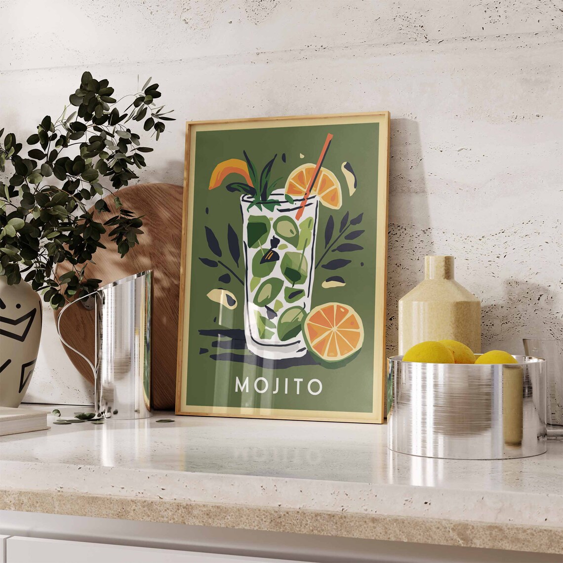 Mojito Cocktail Tall Glass Citrus Dark Green Bar Poster Decor - Image 2