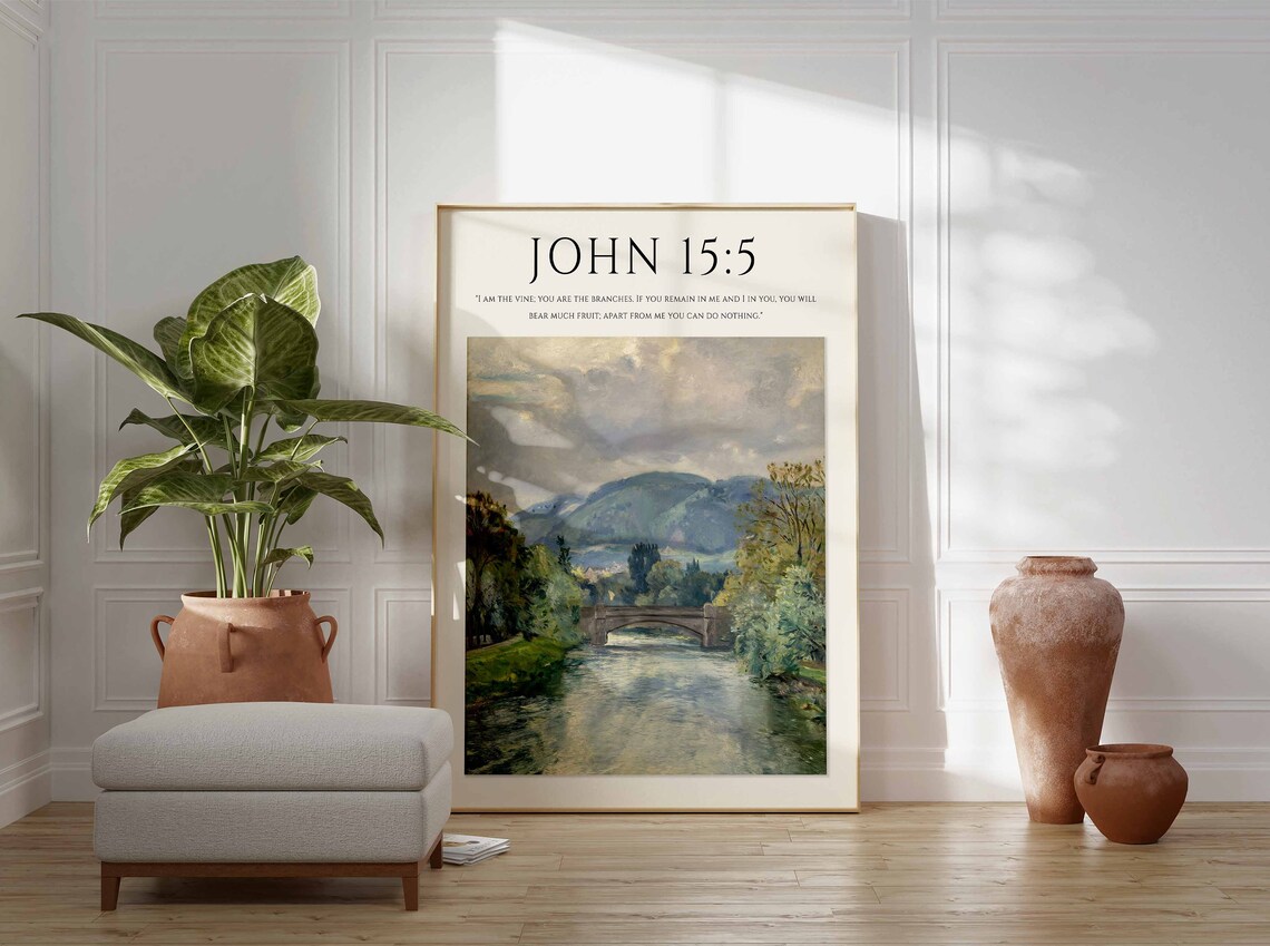 John 15:5 Bible Verse Stone Bridge River Monet Style Christian Art Poster - Image 2
