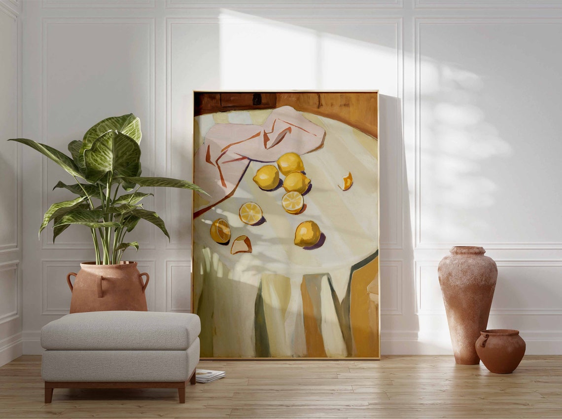 Lemon Still Life Tablecloth Oil Painting Citrus Kitchen Poster - Image 3