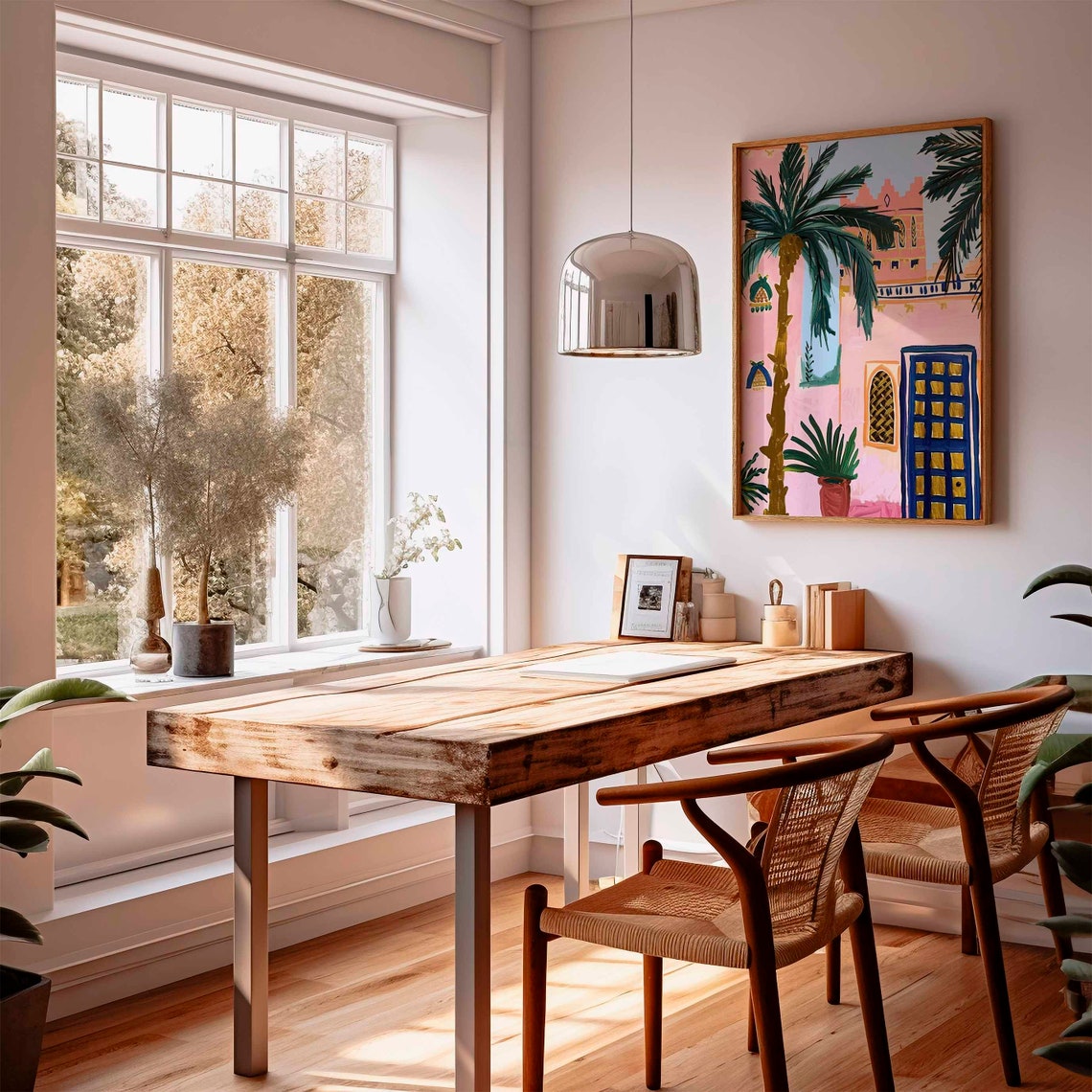 Pink Moroccan Courtyard Palm Trees Riad Style Painting Poster - Image 3