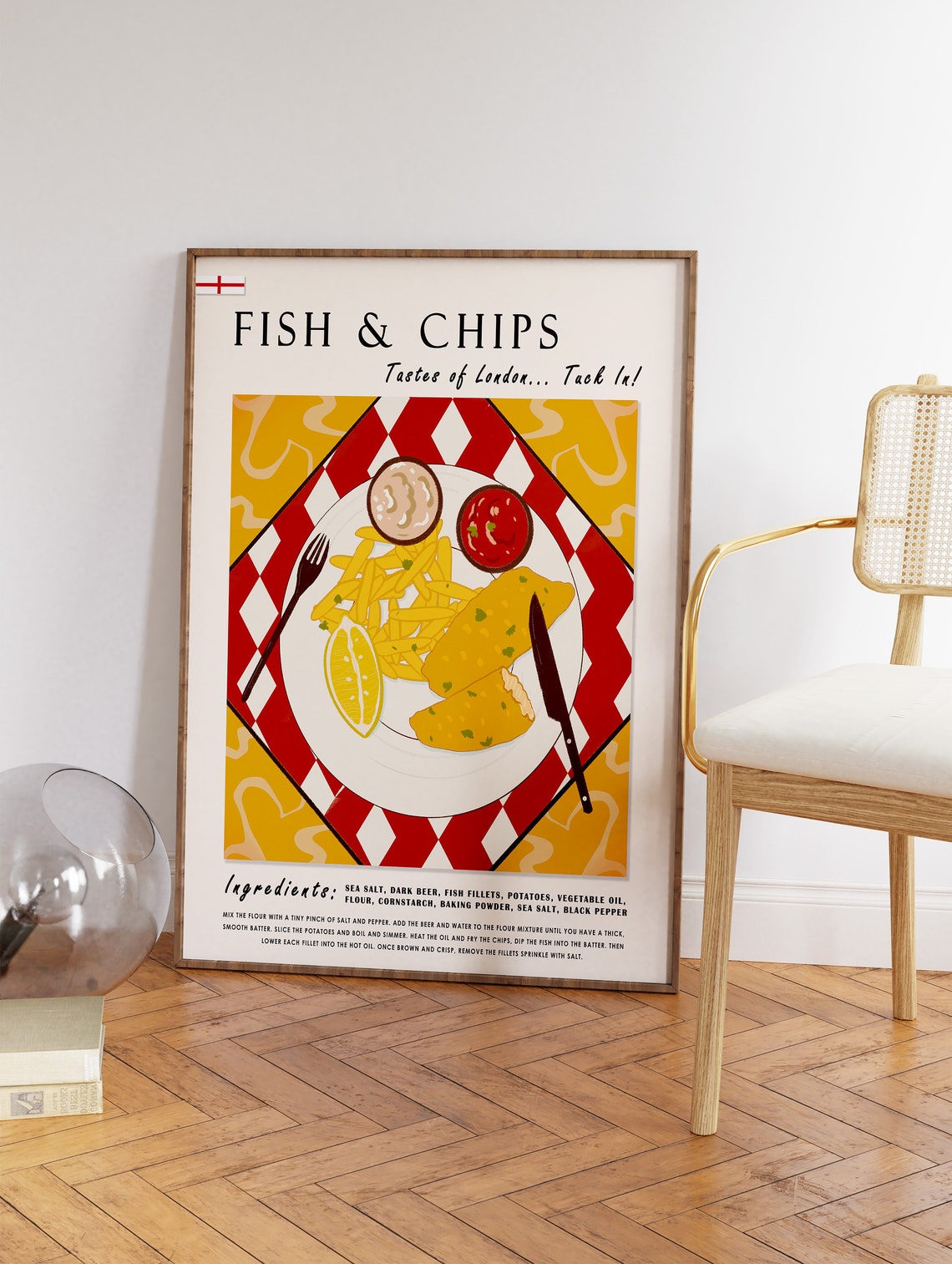 Fish and Chips London Recipe Kitchen Decor Illustration Wall Art - Image 3