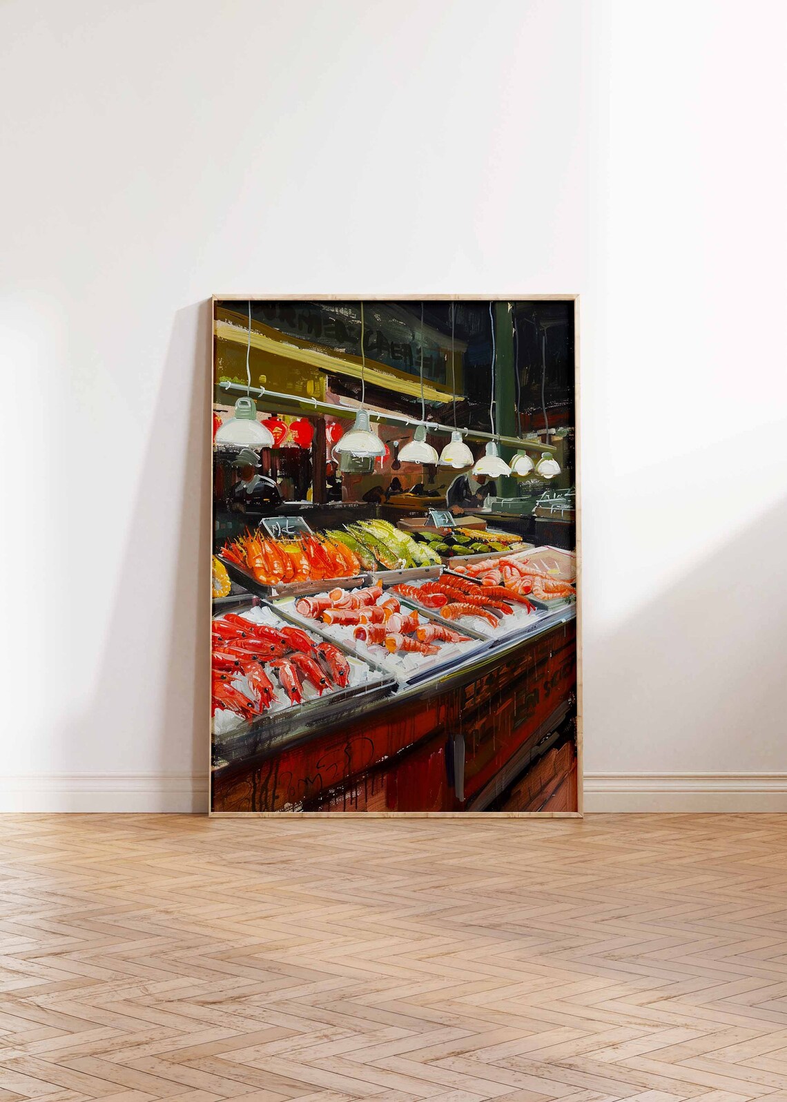 Night Fish Market Stall with Shrimp on Ice Hanging Lamps Poster - Image 2
