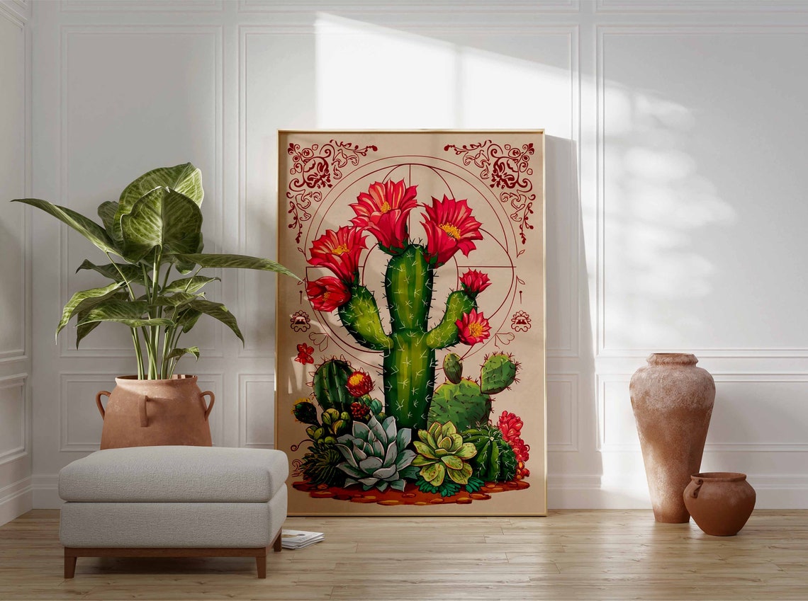 Blooming Cactus Red Flowers Geometric Frame Vintage Botanical Poster - Image 2