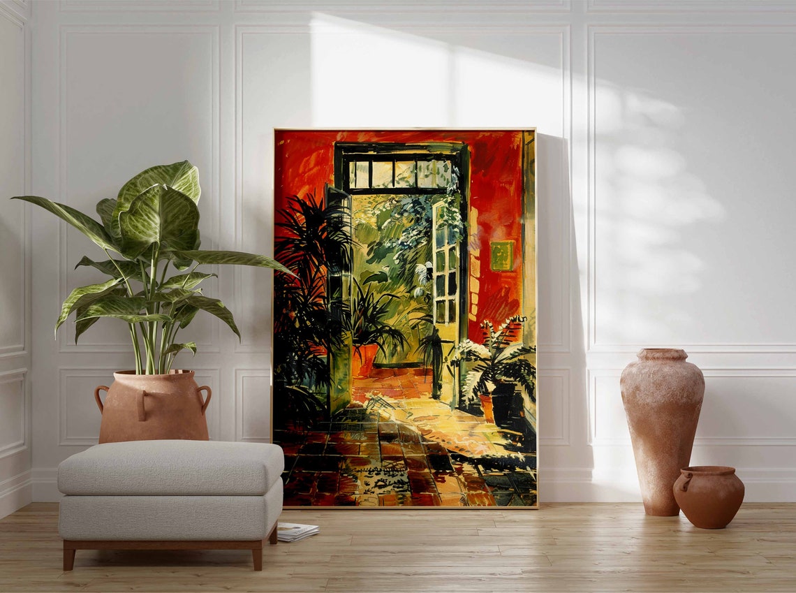 Terracotta Red Doorway Open Tropical Garden Palm Painting Poster - Image 2