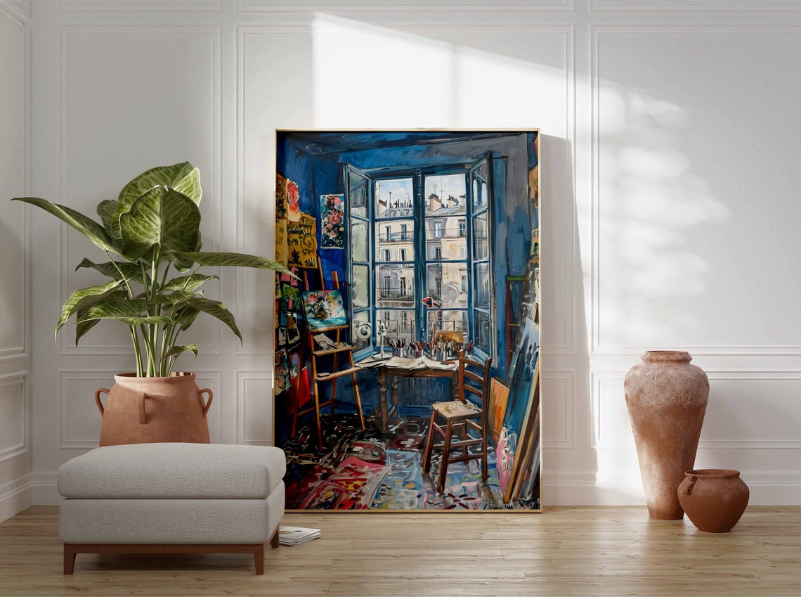 Blue Parisian Studio with French Windows over City Rooftops Poster - Image 3