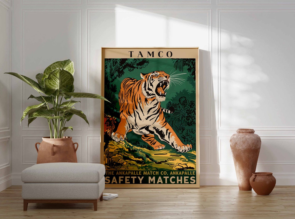 Vintage Tiger Print Indian Tiger Poster Tamco Matchbox Art Animal Print Animal Poster Animal Art Tropical Decor Jungle Art Tiger Art - Image 3