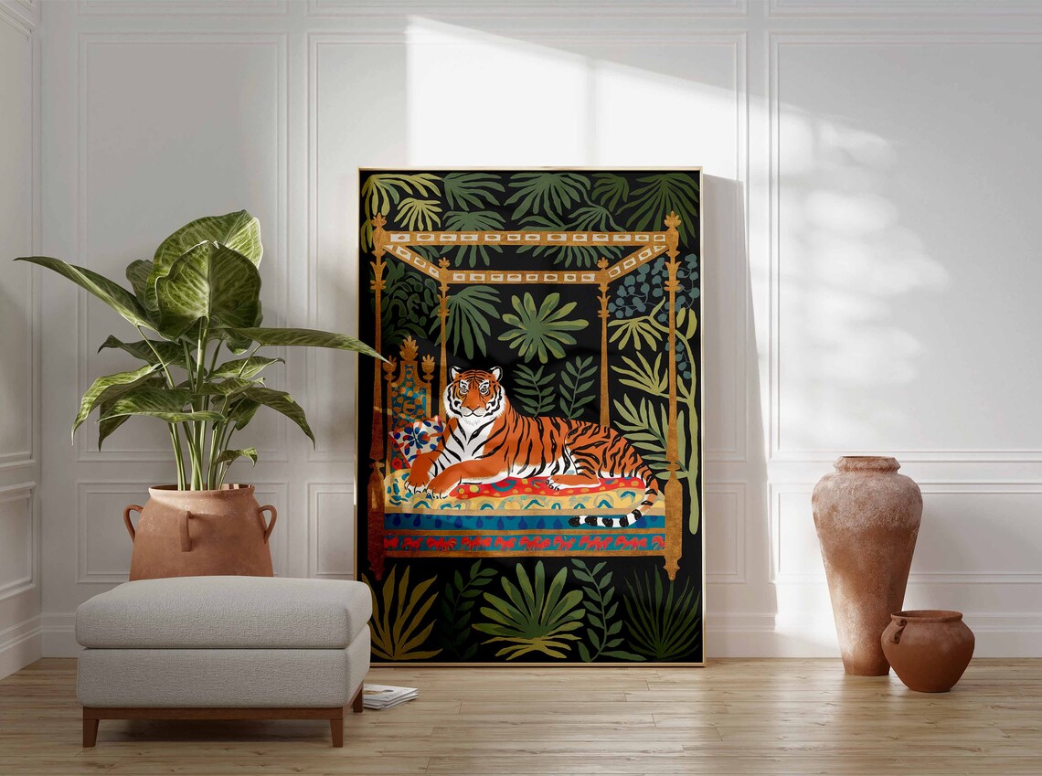 Tiger on Canopy Daybed with Palm Leaves Indian Jungle Poster - Image 3