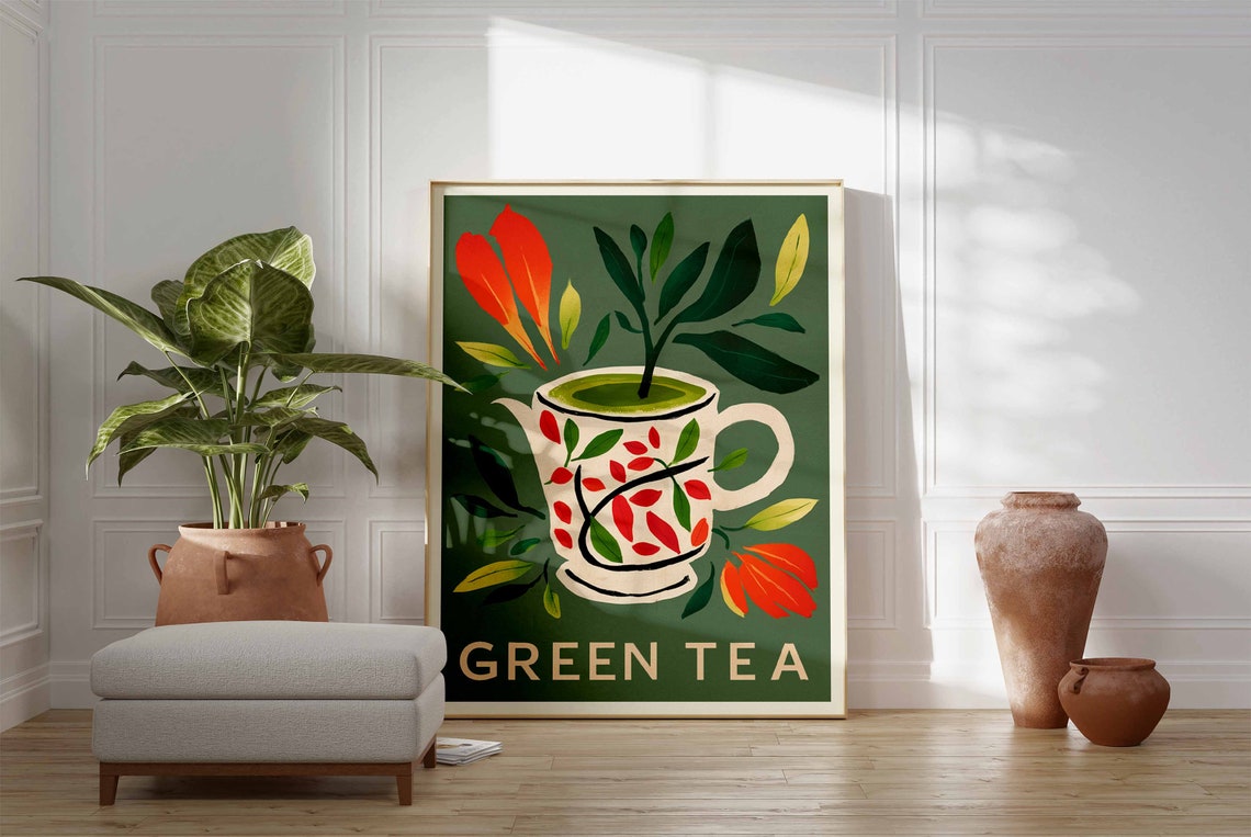 Green Tea Herbal Cup Botanical Leaves Wellness Kitchen Poster - Image 3