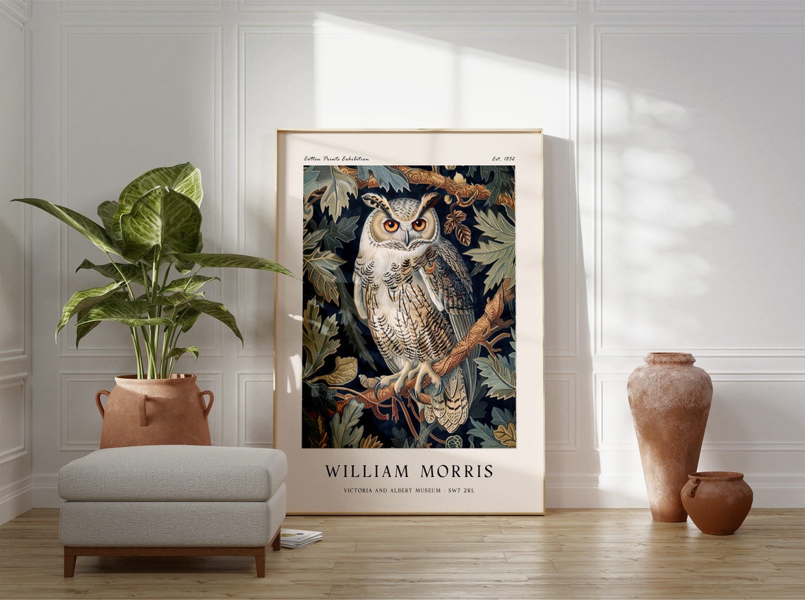 William Morris Great Horned Owl Woodland Botanical Night Style Poster - Image 3