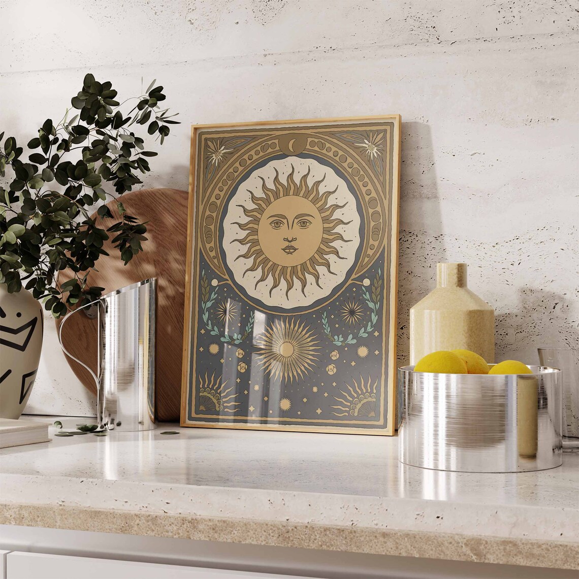 Ornate Golden Sun Medallion On Slate Blue Geometric Art Poster - Image 2