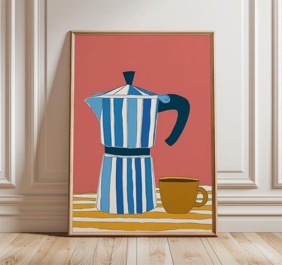 Modern Coffee Pot Pop Art Poster Colorful Moka And Cup Print Bold Mid Century Kitchen Wall Retro Abstract Home Decor Design