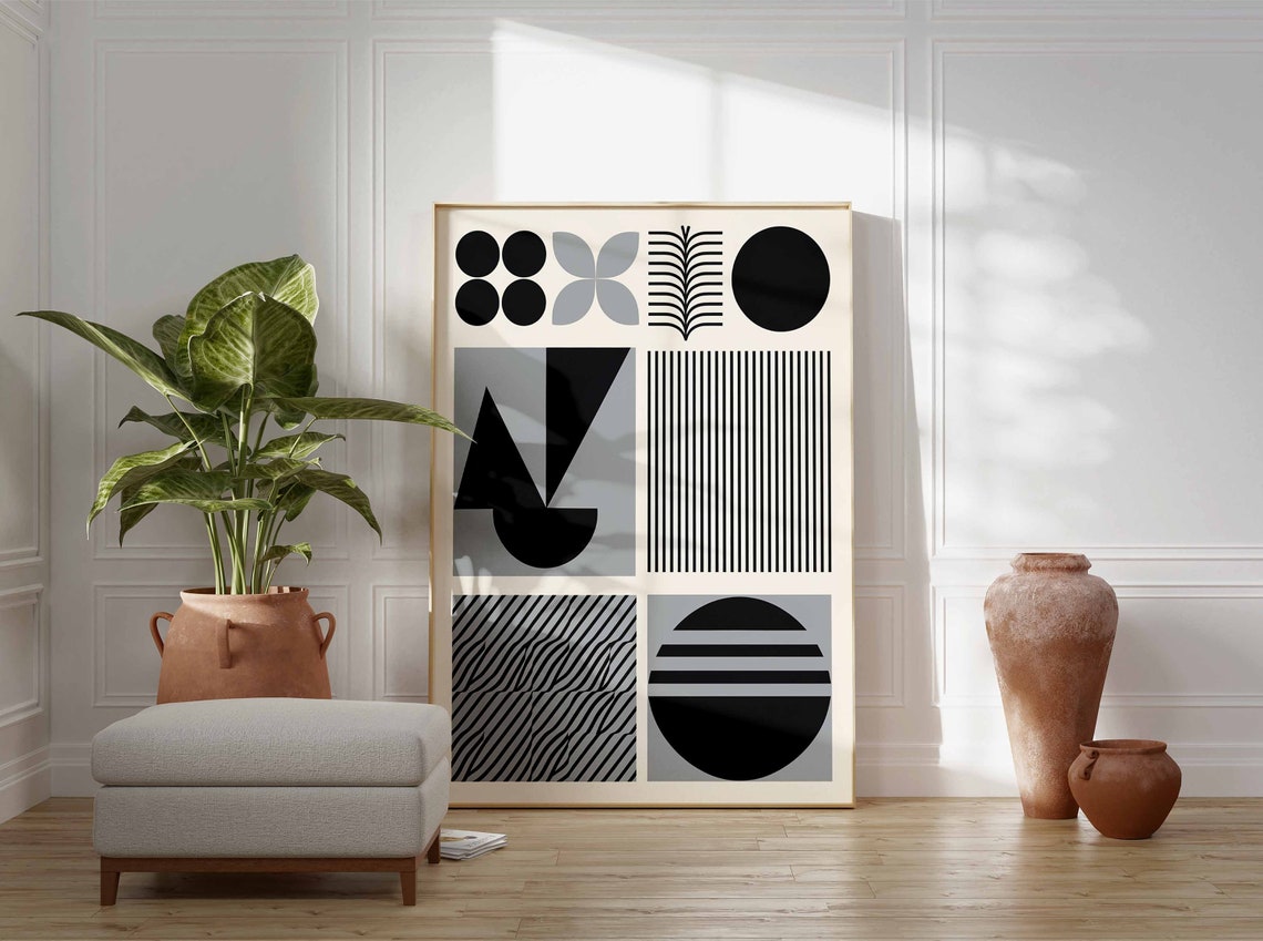 Black and White Geometric Grid Retro Mid Century Modern Abstract Print - Image 3