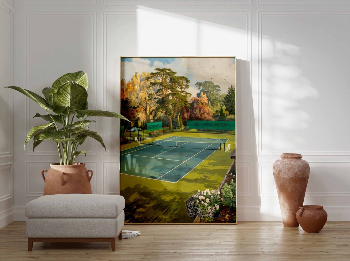 Vintage Tennis Court Autumn Gold Trees Garden Terrace Scene Poster - Image 2