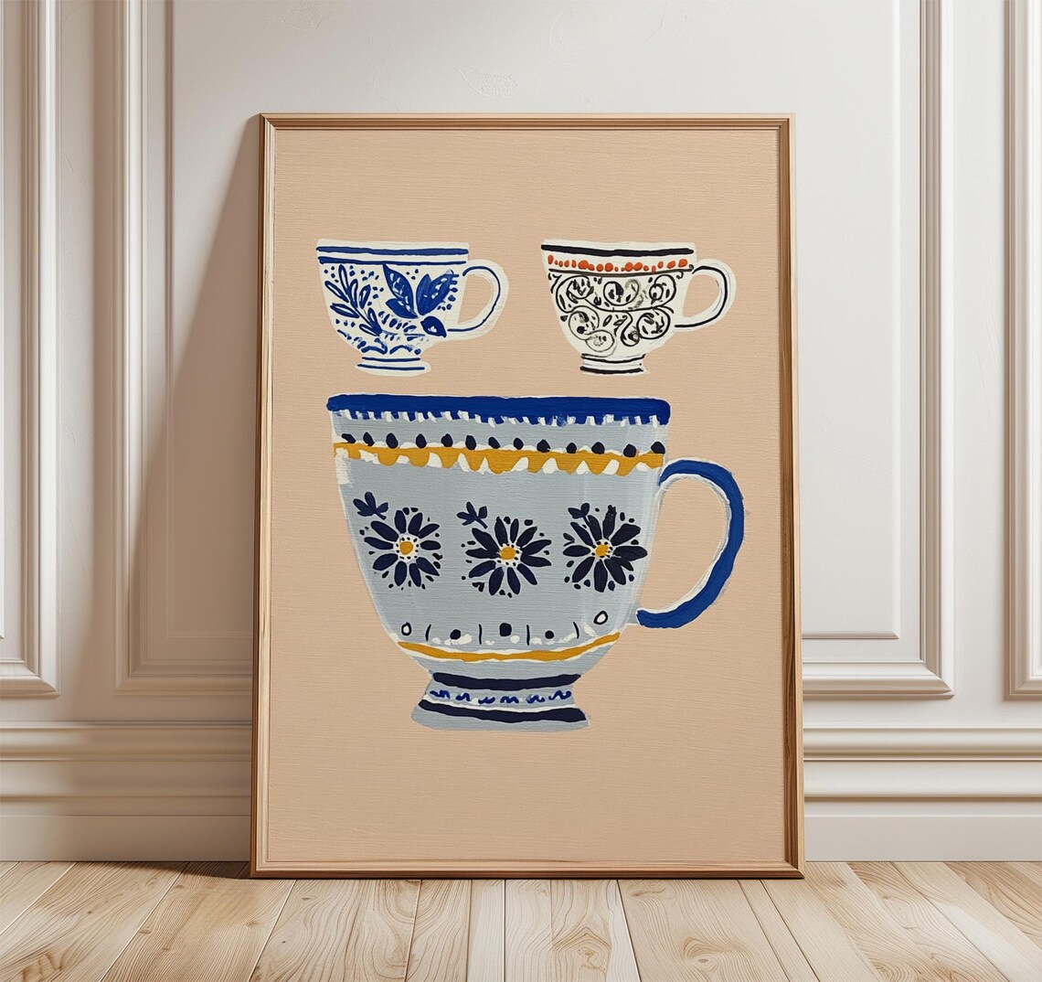 Whimsical Blue Floral Teacup Poster, Vintage