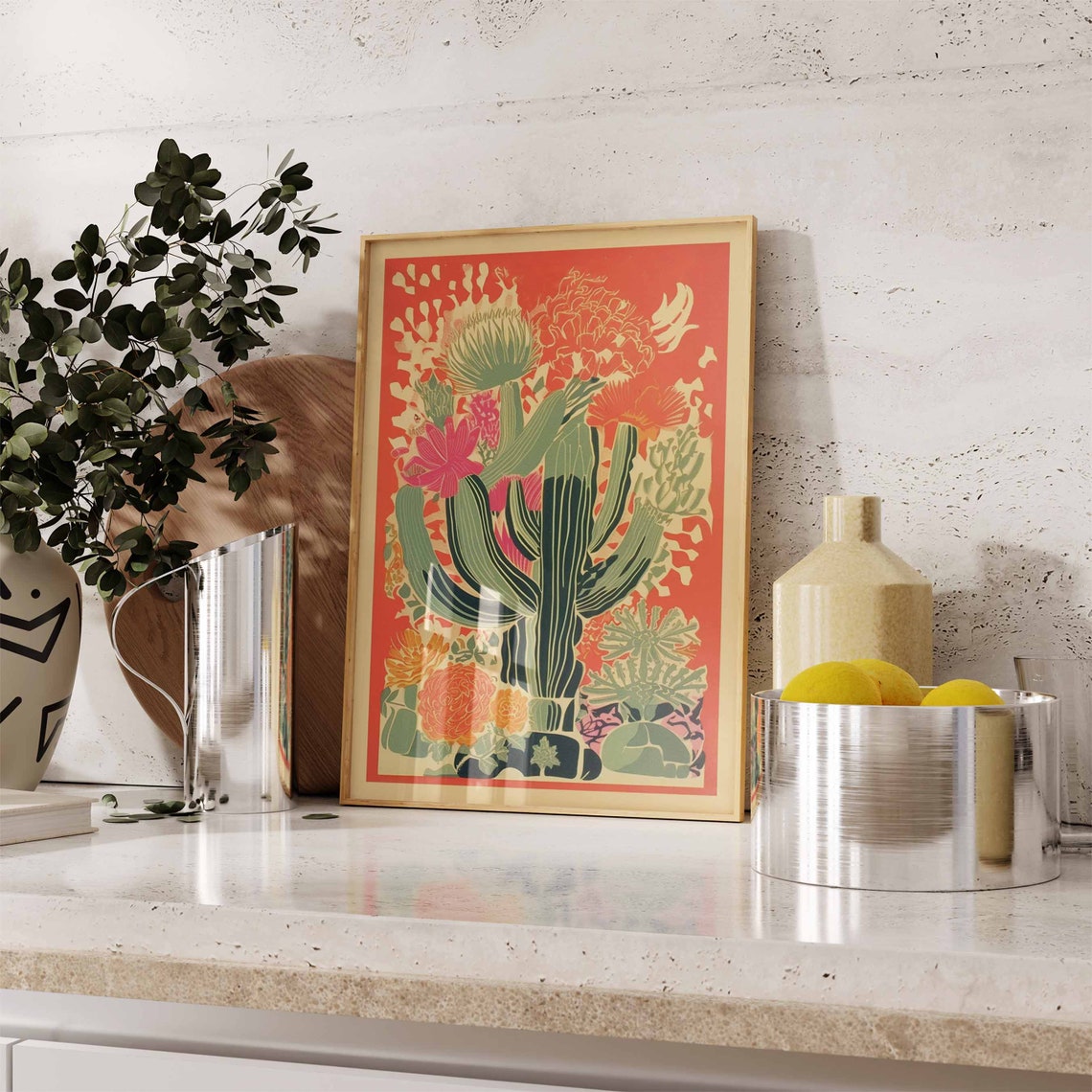 Vintage Mexican Saguaro Cactus in Bold Orange Folk Art Poster - Image 3