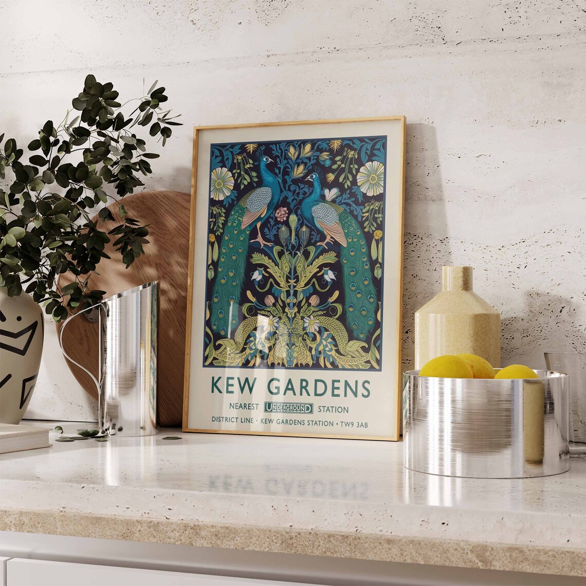 Kew Gardens Peacock Pair Midnight Floral Botanical Travel Poster - Image 2