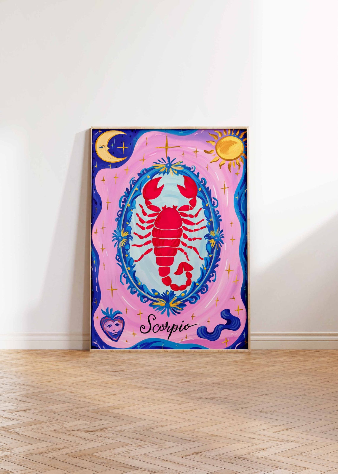 Scorpio Zodiac Scorpion Ornate Blue Frame Pink Celestial Poster - Image 2