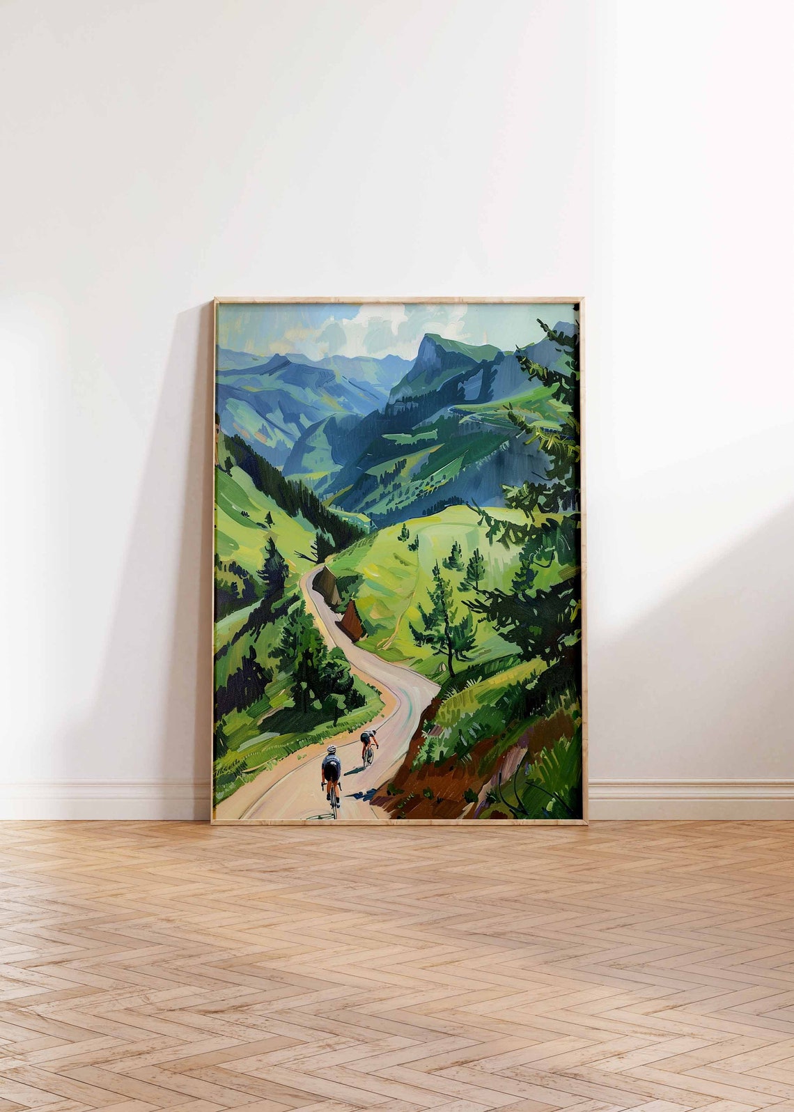 Two Cyclists Climbing Green Mountain Switchback Road Painting Poster - Image 2
