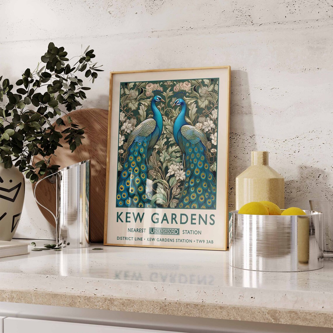 Kew Gardens Twin Peacocks Arts and Crafts Floral Vintage Poster - Image 2