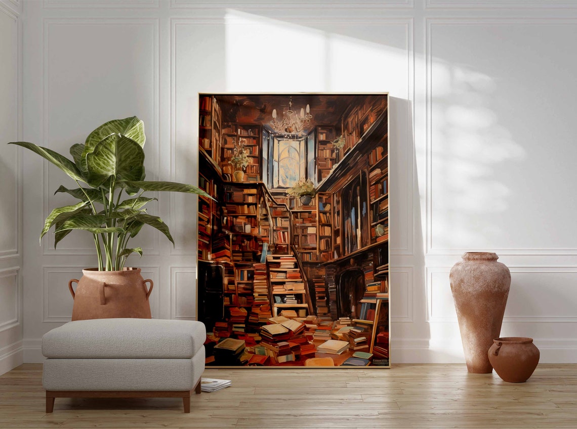 Vintage Library Oil Painting Book Lovers Reading Gift Art Poster - Image 2