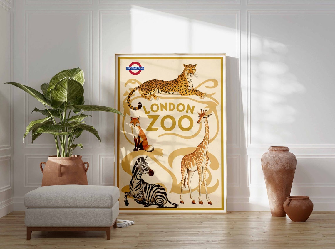 London Zoo Leopard Giraffe Zebra Vintage Travel Art Poster Scene - Image 3