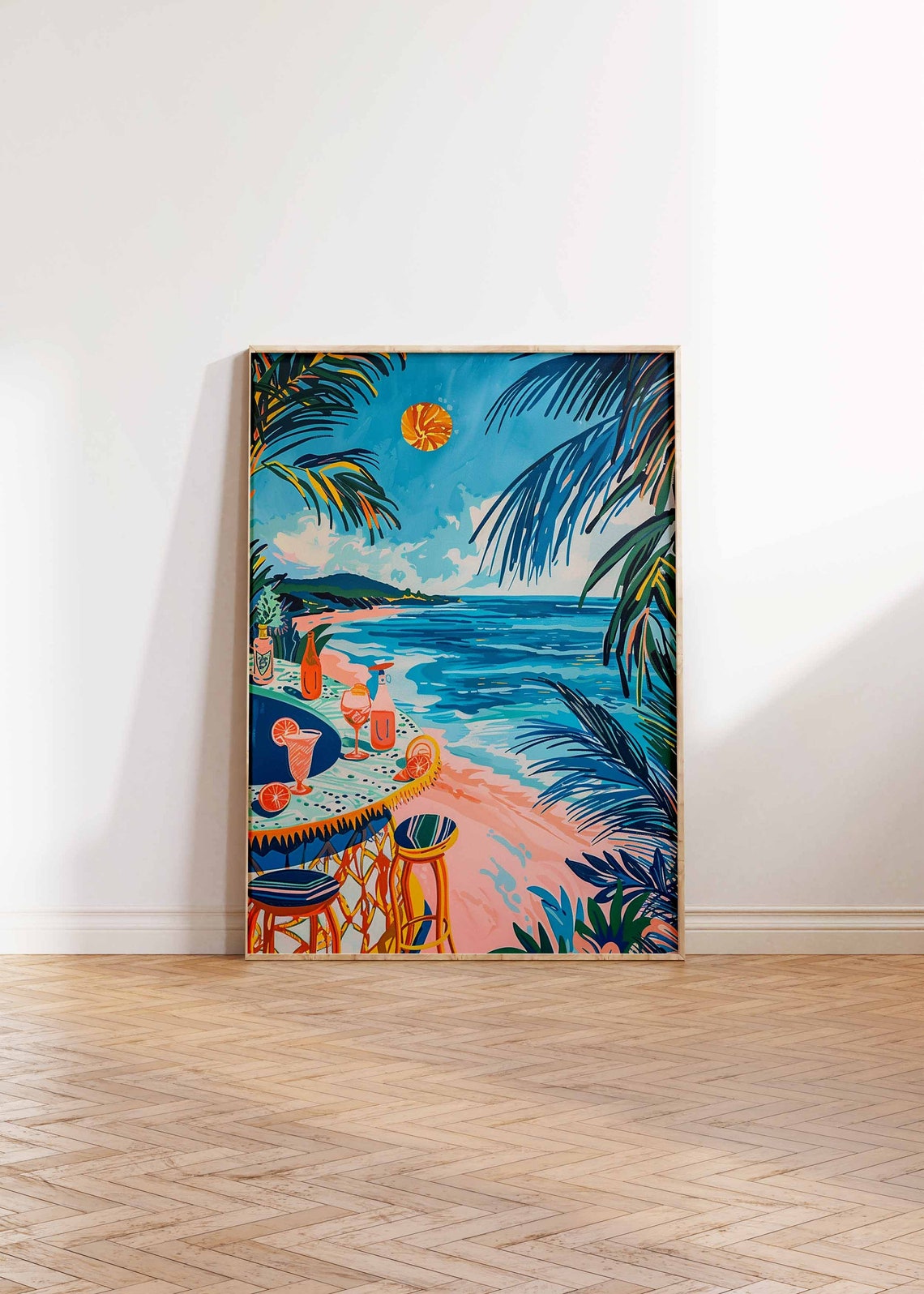 Beach Sunset Cocktail Bottles Palm Silhouette Bright Flat Art Poster - Image 2