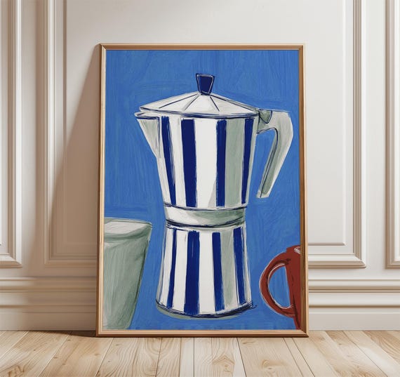Striped Moka Pot Poster, Minimalist Kitchen Art Print
