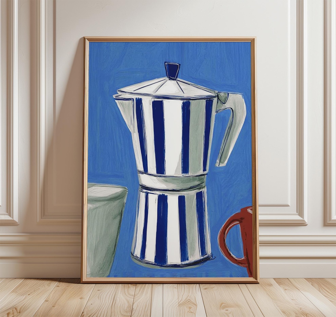 Striped Moka Pot Poster, Minimalist Kitchen Art Print