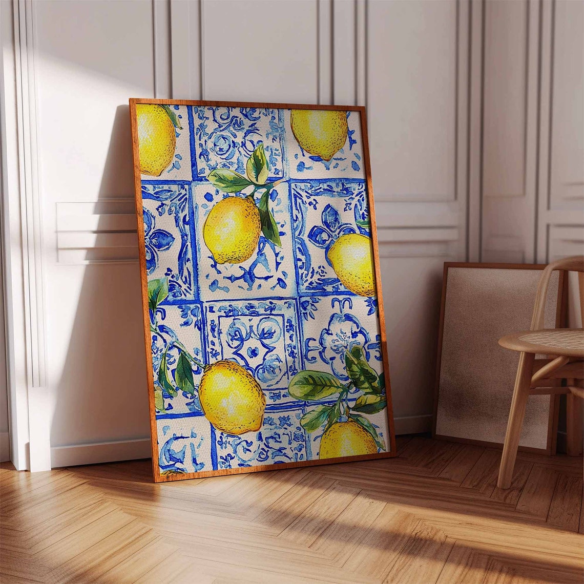 Lemons On Blue Tile Mediterranean Citrus Azulejo Kitchen Poster - Image 2