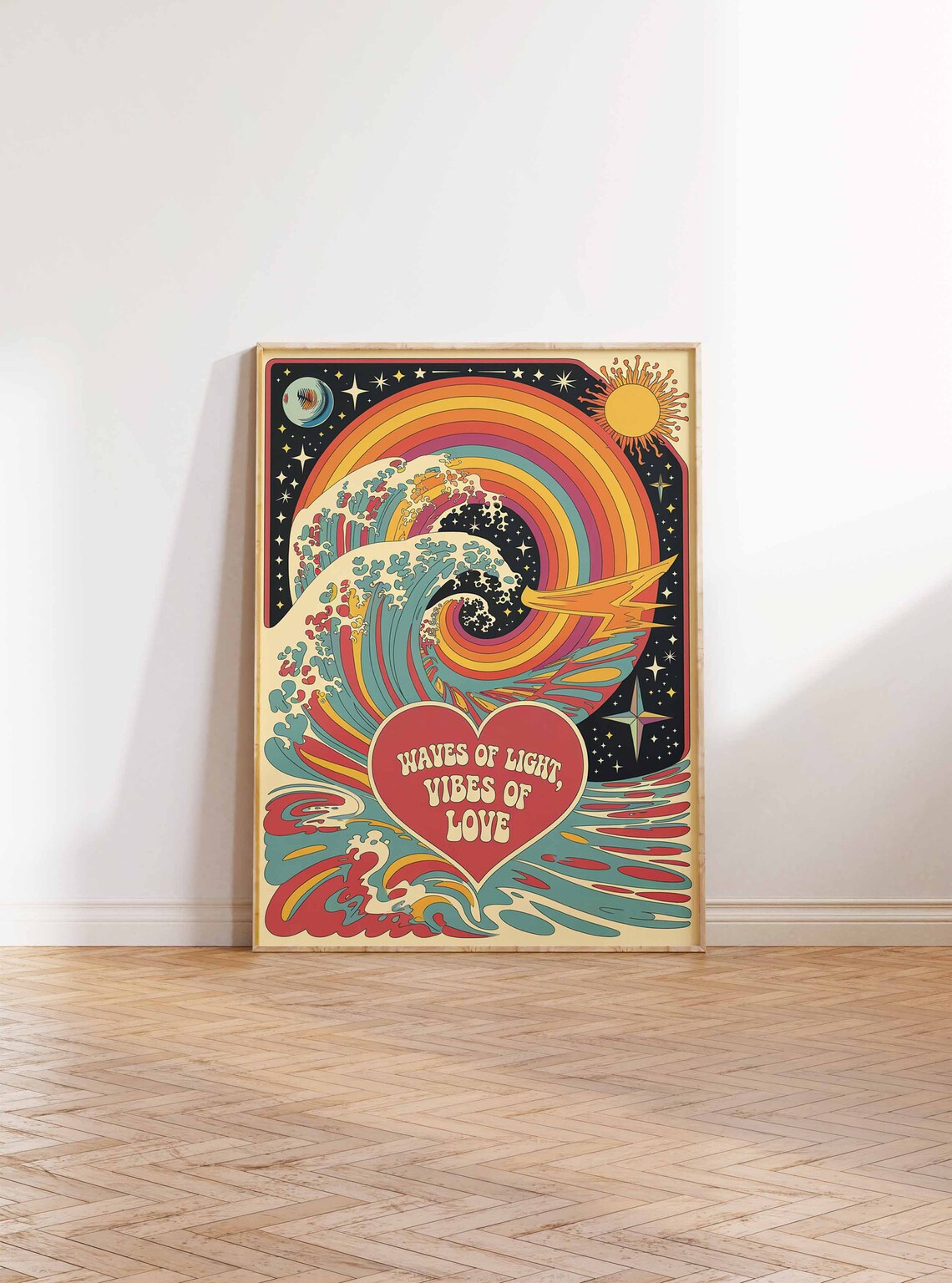 Waves Of Light Vibes Of Love Heart Retro 70s Quote Art Poster - Image 2