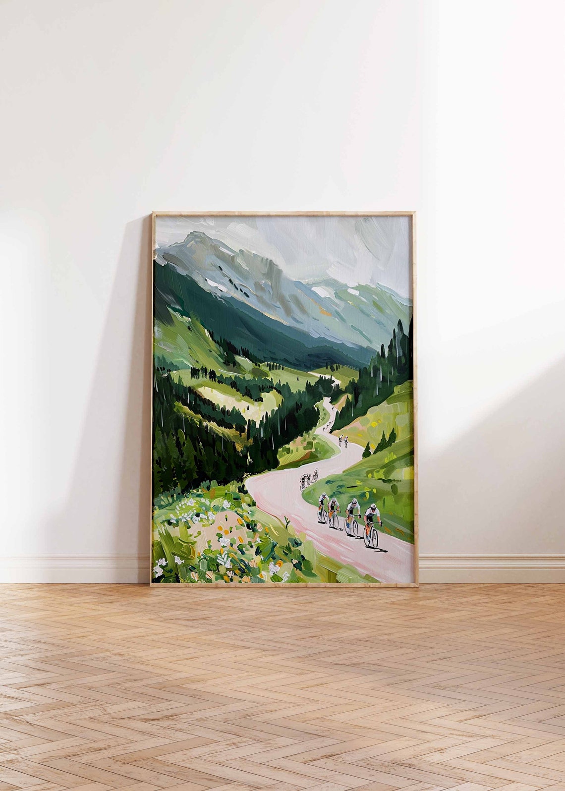 Cyclists Climbing Alpine Road Wildflower Meadow Mountain Poster - Image 2