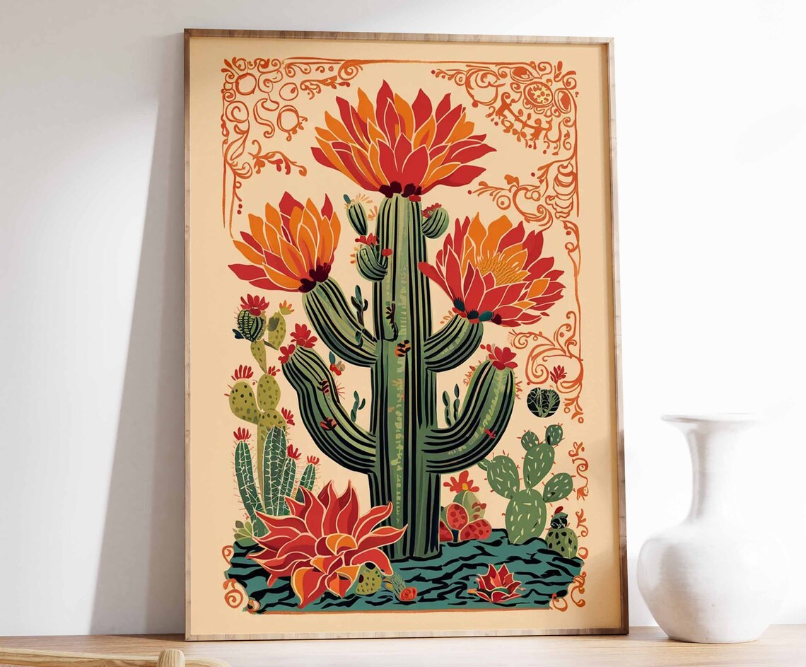 Vintage Mexican Cactus Poster, Traditional Decor