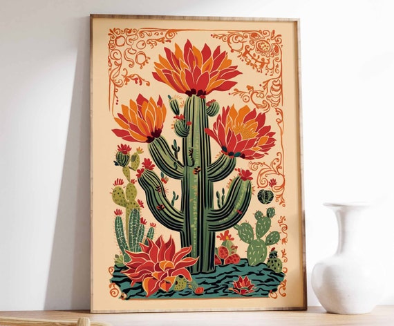 Vintage Mexican Cactus Poster, Traditional Decor
