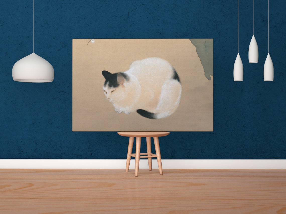 Japanese Cat Art Print Curled White Cat Traditional Ink Decor - Image 2