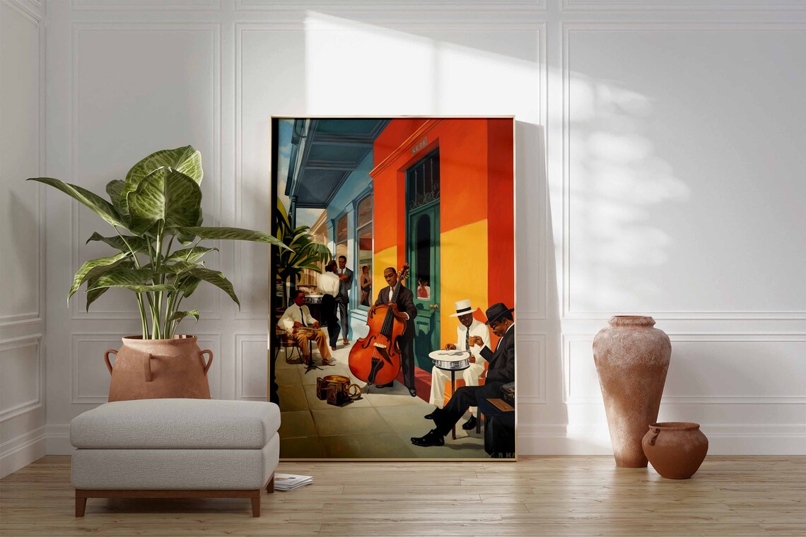 Street Jazz Band Musicians Colorful Building Facade Painting Poster - Image 3