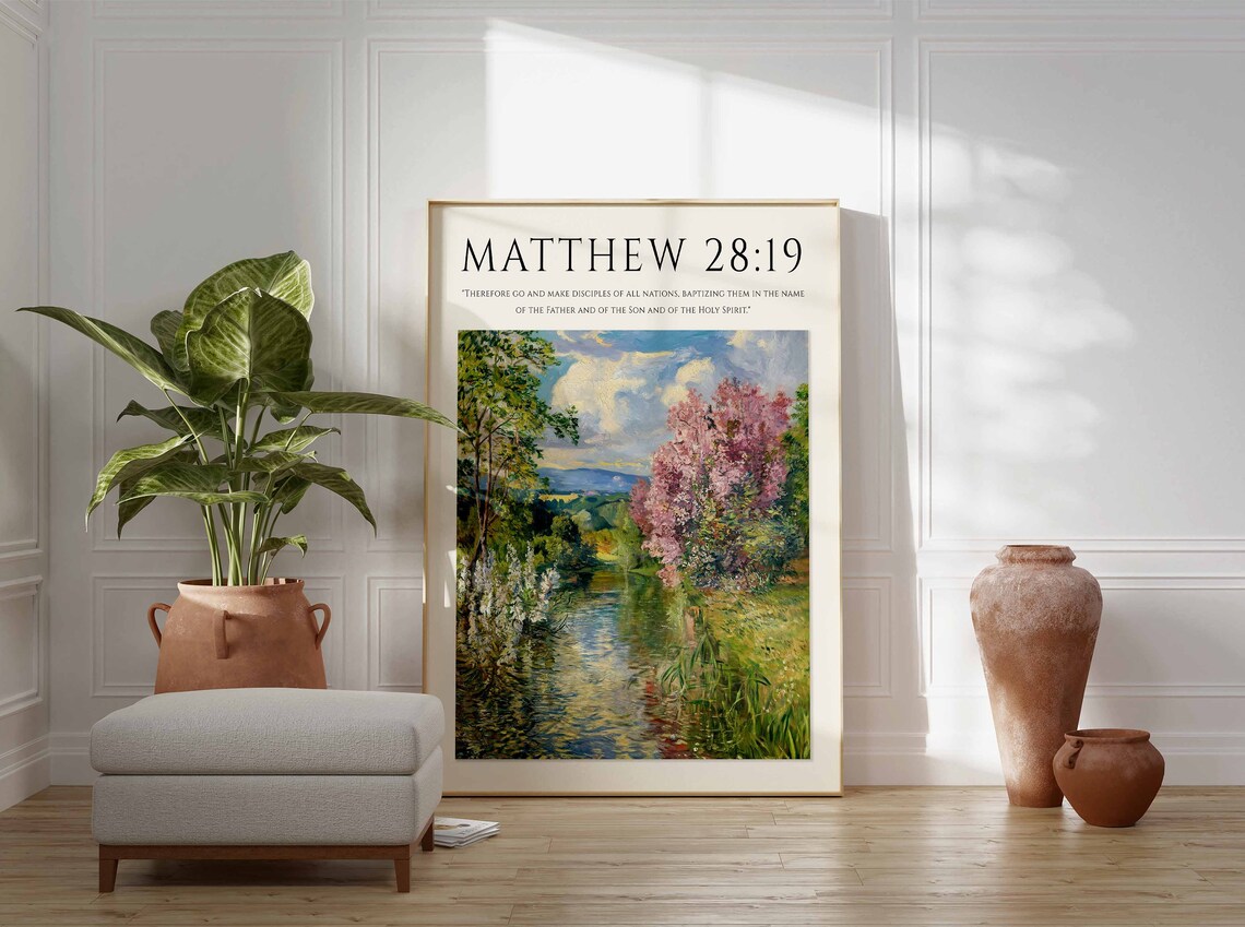 Matthew 28:19 Bible Verse Spring Blossom Lake Landscape Art Print - Image 2