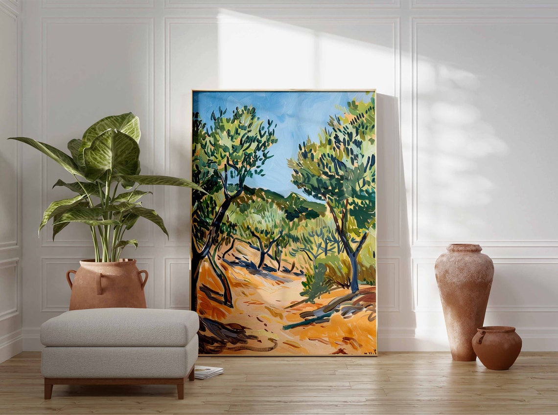 Olive Tree Path Under Bright Blue Sky Landscape Art Print Wall Decor - Image 3