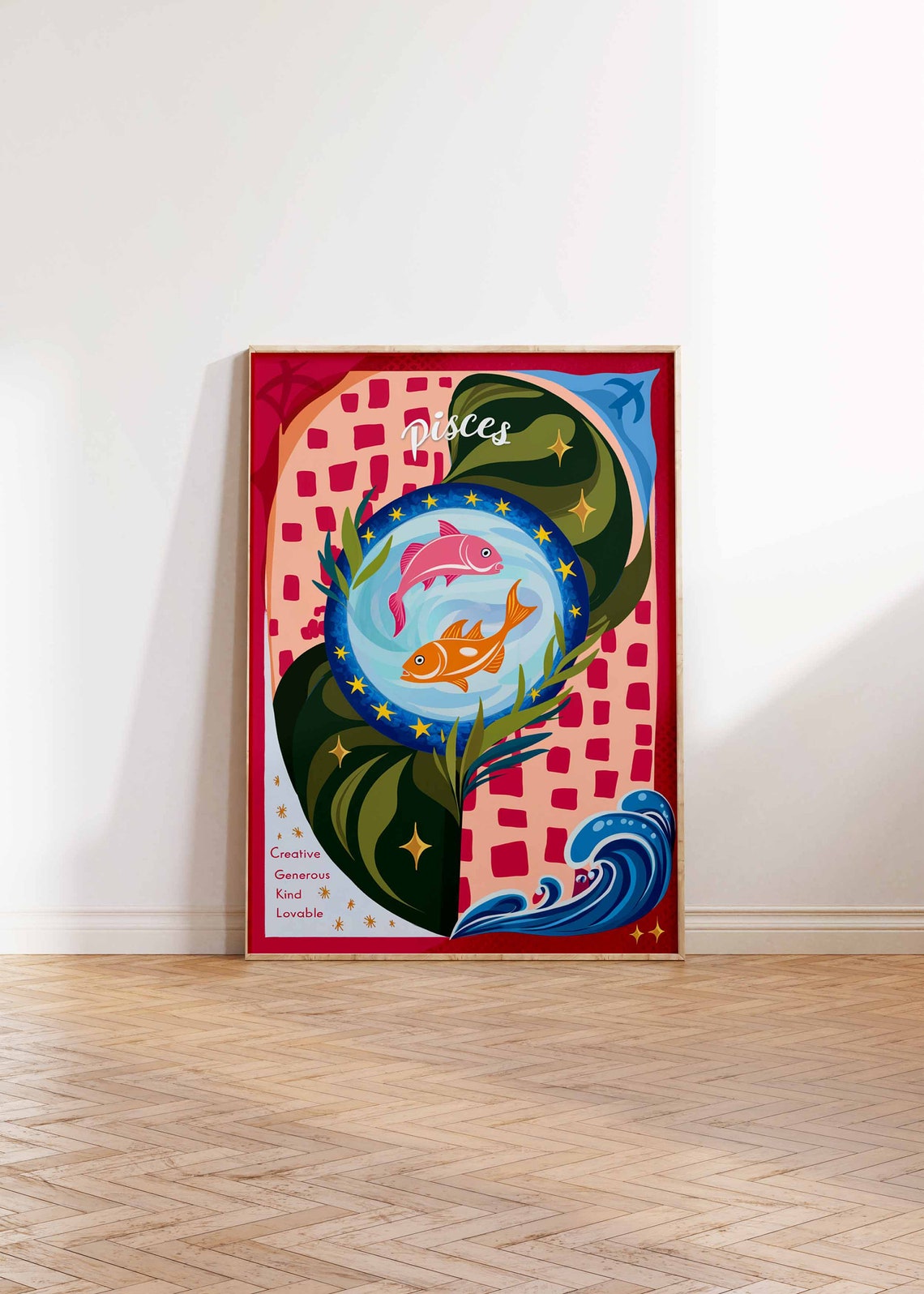 Pisces Zodiac Two Fish Blue Starry Circle Pink Waves Art Poster - Image 2