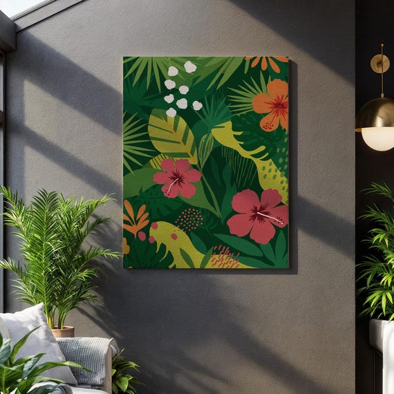 Tropical Jungle Canvas Wall Art Exotic Hibiscus Floral Print Lush Green Botanical Artwork For Living Room Bedroom Or Office Decor