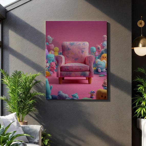 Whimsical Pastel Plush Chair Art Cute Toy Room Wall Decor Kawaii Colorful Nursery Poster Cozy Childhood Canvas Unique Gift
