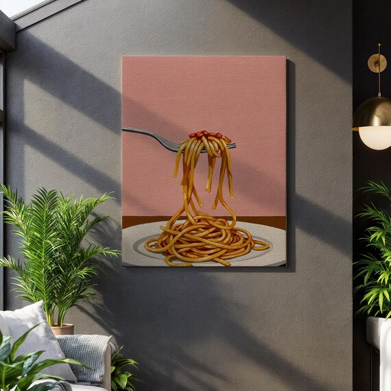 Spaghetti Fork Pop Art Print Pink Background Quirky Kitchen Wall Decor