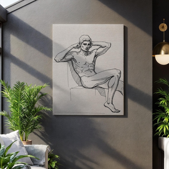 Minimal Nude Male Figure Drawing, Classical Sketch